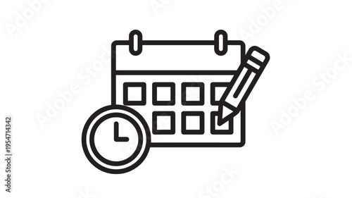 Calendar icon with a pencil marking a date and a clock indicating time, representing planning and scheduling events.