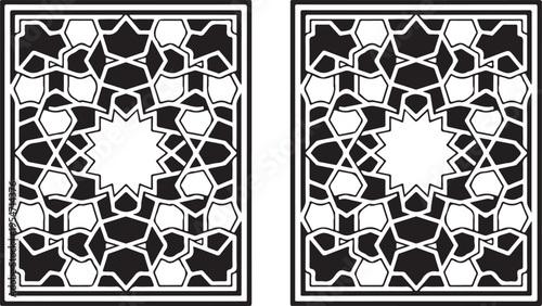 Black and white symmetrical geometric patterns with starburst designs and borders