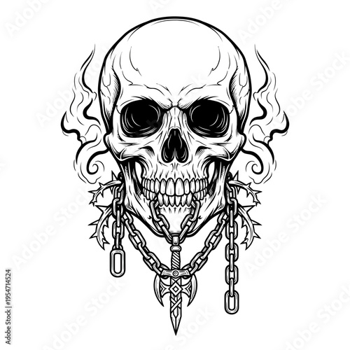 Scary skull with chains, sword, and smoke