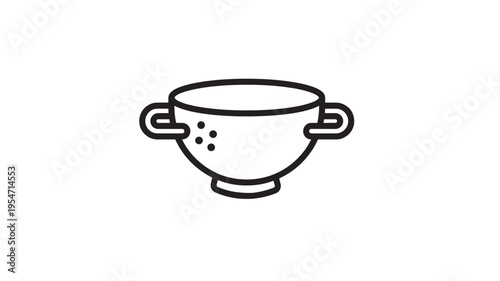 Colander kitchen utensil with two handles and perforations for draining food items. featuring strainer, sieve, pasta strainer with pasta and washing