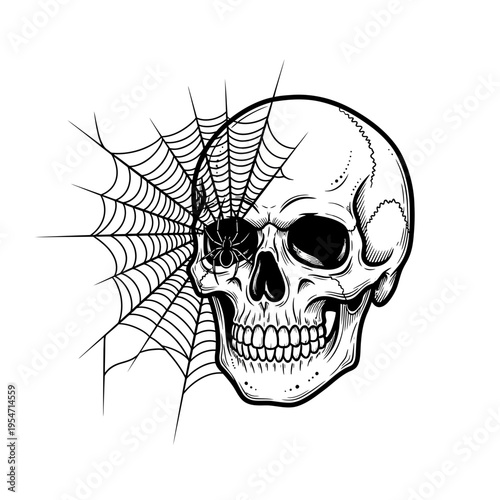 Scary Skull with Spider and Web - Black and White Illustration