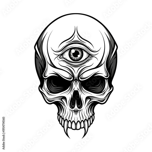 Scary skull with third eye, macabre, horror, gothic, dark art illustration