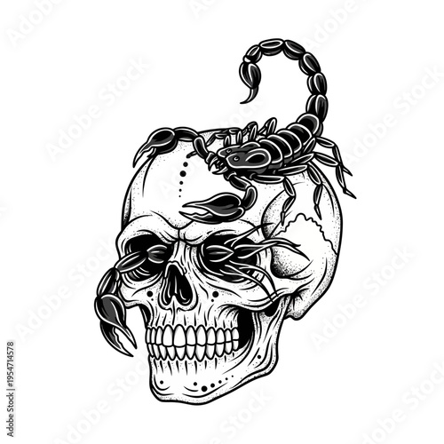 Scorpion crawling on human skull, dark art, isolated on white background