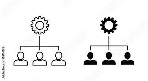 Organizational structure graphic showing a central gear mechanism connected to three individuals below it