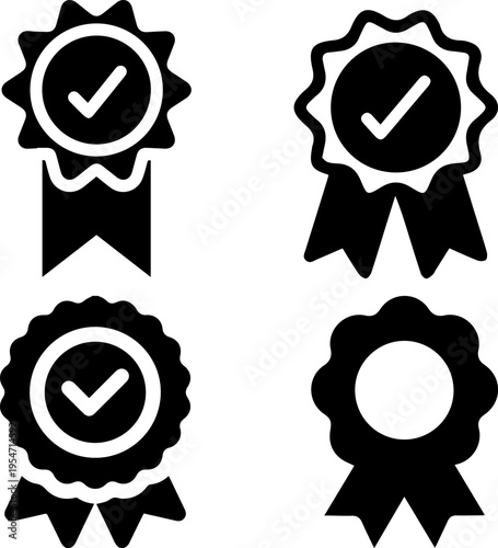 Set of 4 verified quality guarantee badges with ribbons, black solid flat icons, isolated on white background.
