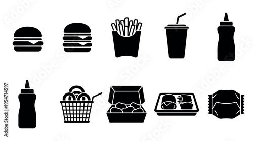 A collection of black and white vector icons representing popular fast food items like burgers, fries, drinks, and condiments, perfect for menus and apps.
