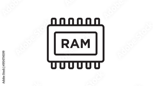 RAM chip icon with bold black letters on a white background representing random access memory for computers and electronic devices.