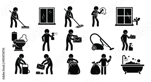 Vector illustration set depicting various household cleaning and maintenance chores performed by stick figures