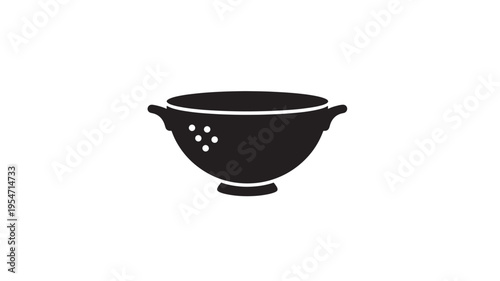 Colander black icon with handle and drain holes, a kitchen utensil for straining food and rinsing. featuring strainer, kitchenware, cooking with