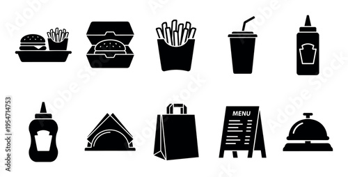 A collection of black silhouette icons representing fast food items and service elements, including burgers, fries, drinks, and a menu board.