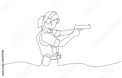 Continuous one line of female police officer practicing shooting at firing range, single line art