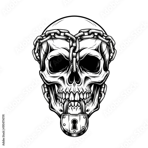 Skull with Chains and Padlock, Symbol of Silence and Confinement