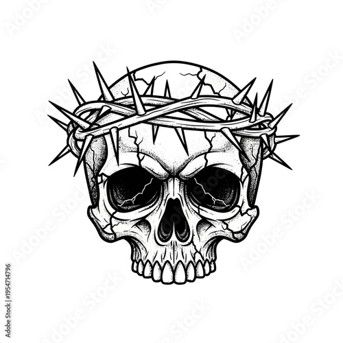 Skull with Crown of Thorns, Cracked Texture, Dark Eyes, Black and White Illustration