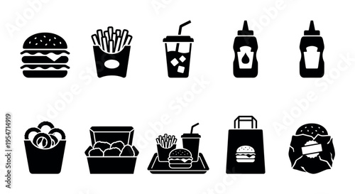A collection of black and white vector icons representing various fast food items including burgers, fries, drinks, and chicken nuggets.