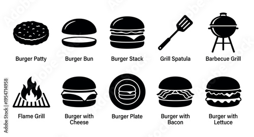 A collection of black and white vector icons depicting various burger elements, grilling tools, and barbecue grills.