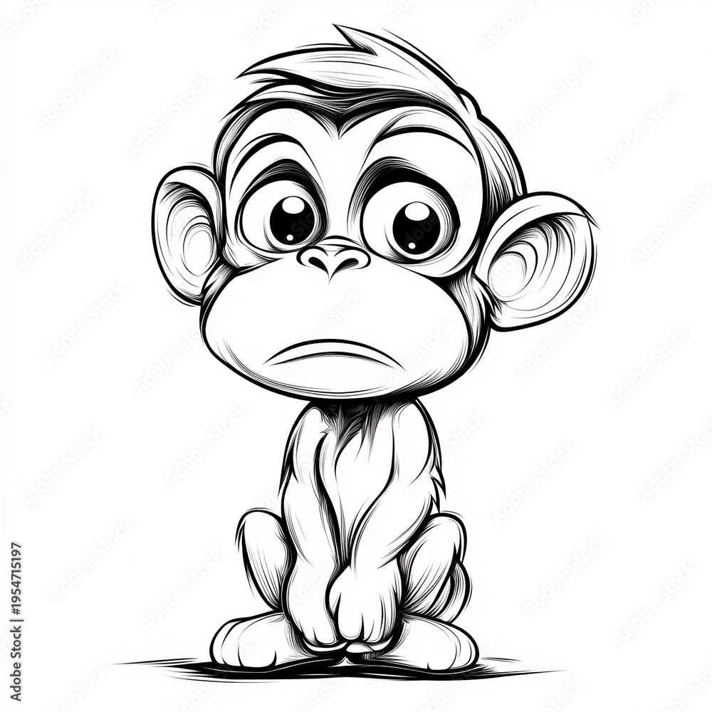Obraz premium Playful Black and White Cartoon Monkey Outline, Minimalistic Ape Design for Whimsical Decor
