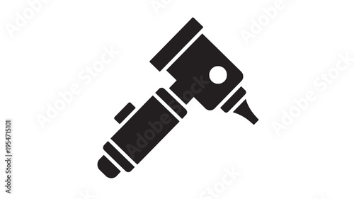Otoscope medical instrument with a bright light for examining the ear canal and eardrum in a simple black icon style.