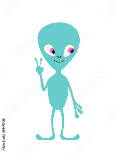 
Friendly blue alien character waving peace sign isolated on white. Modern aesthetic extraterrestrial being for kids nursery decor, sci-fi posters, and apparel design.
