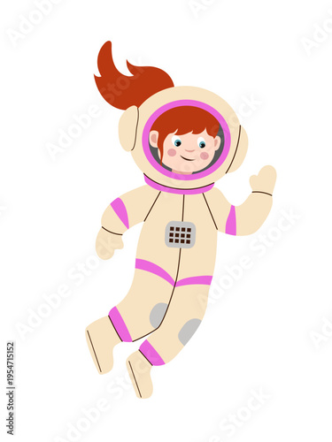 Little girl astronaut in a white and pink space suit. Modern  cosmic character for kids nursery decor, science posters, and apparel design.