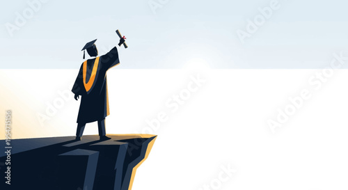 Graduation Concept: Student in Gown Holding Diploma on Cliff Edge Looking at Bright Horizon for Career Success and Future Goals Illustration