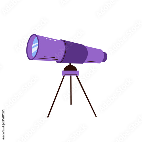 Stylized purple telescope on a tripod for stargazing. Modern astronomical equipment for kids nursery decor, science education, and space themed designs.