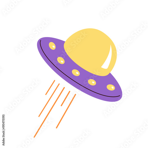 Stylized purple and yellow UFO spaceship flying upwards. Modern extraterrestrial design elements for kids nursery decor, sci-fi posters, and creative stickers.