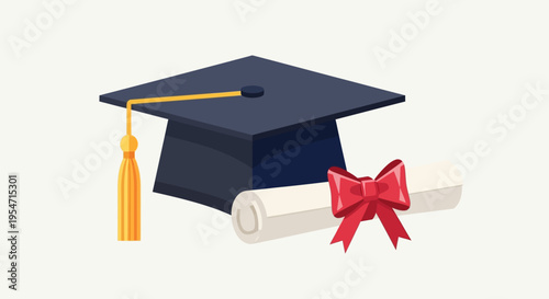 Graduation Cap and Diploma with Red Ribbon Illustration - Academic Success and Commencement Concept
