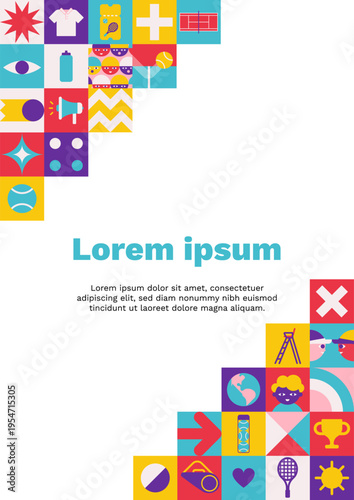 Vector flat vertical poster A4 size with square abstract icons which are symbols of world tennis championship or cup. Template with copy space, geometrical clipart for sport collection