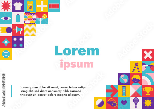 Vector flat horizontal poster A4 size with square abstract icons which are symbols of world tennis championship or cup. Template with copy space, geometrical clipart for sport collection