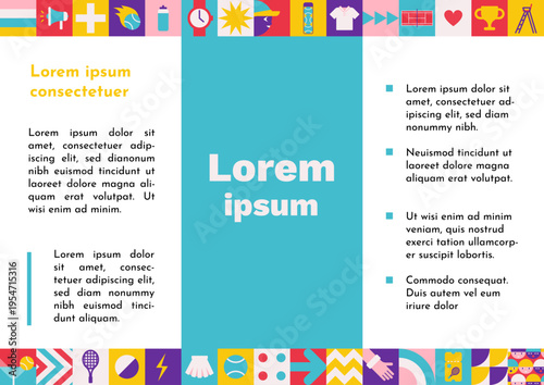 Vector flat horizontal booklet A4 size with square abstract icons which are symbols of world tennis championship or cup. Template for ad brochure with copy space, geometrical sport clipart