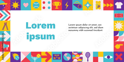 Vector flat horizontal frame for poster with square abstract icons which are signs of world tennis championship or cup. Template with copy space, geometrical clipart for sport collection