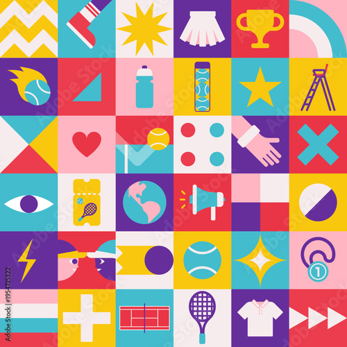 Vector seamless pattern with square abstract compositions with geometrical icons which are symbols of world tennis championship or cup. Minimalistic concept, clipart sport collection