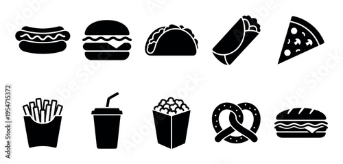 A collection of clean, black and white vector icons representing various fast food items and snacks, perfect for digital or print use.