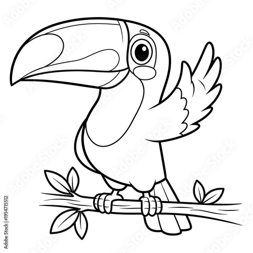 Cute Toucan Bird Perched on a Branch Coloring Page.