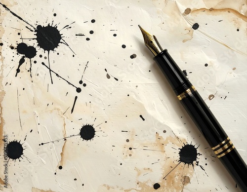 Close-up of aged paper splattered with black ink, a fountain pen rests diagonally across the surface