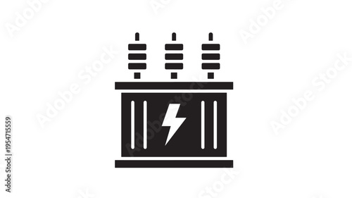 Transformer electrical icon with lightning bolt symbol on a white background, representing power and energy conversion.