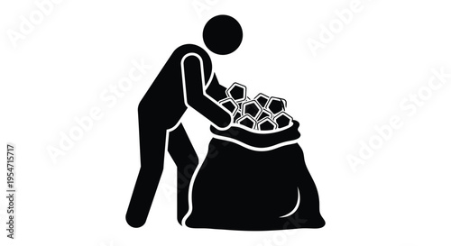 Simple vector illustration of a person collecting hexagon items into a large bag, symbolizing gathering resources or wealth.