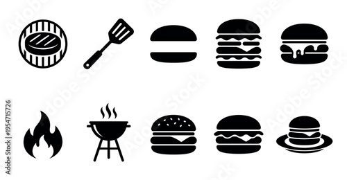 A collection of black silhouette icons representing barbecue food and cooking elements including burgers, grill, spatula, and fire on a white background.