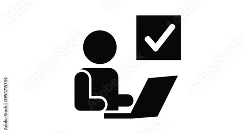 Digital user successfully completing tasks on a laptop, indicated by a prominent checkmark vector illustration.