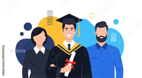 Graduation Celebration Vector: Happy Male Student Graduate Holding Diploma with Proud Parents, University Degree Achievement, Education Success Illustration