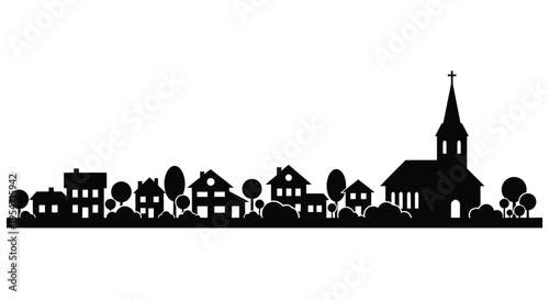 Monochromatic vector design showcasing a serene small town skyline with houses trees and a church.