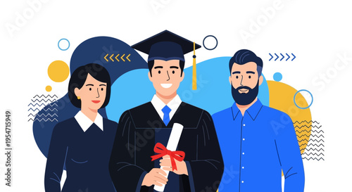 Happy Male Graduate Student Celebrating Graduation Ceremony with Proud Parents, Modern Vector Illustration