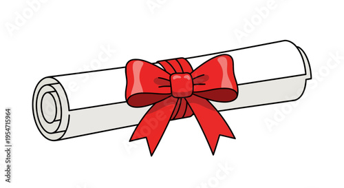 Graduation Diploma Scroll with Red Ribbon Bow Illustration, Vector Cartoon Achievement Certificate Isolated on White Background for Education and Success Concepts