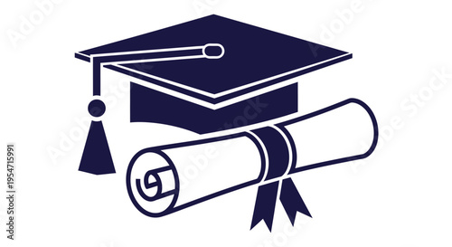 Graduation Cap and Diploma Scroll Icon - Navy Blue Silhouette Design for Academic Achievement, University Degree, and Higher Education