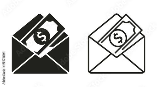 Minimalist envelope with dollar bill icons, solid and outline styles, symbolizing payments, transactions, payroll, banking, financial correspondence.