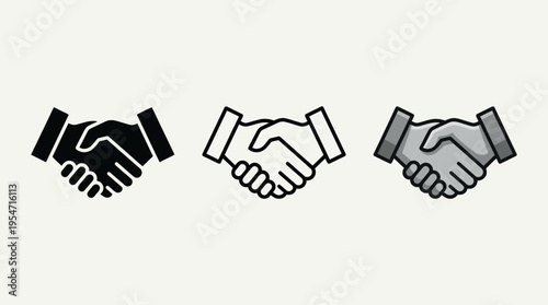 Minimalist handshake icons, solid, outline, grayscale styles, symbolizing agreement, partnership, cooperation, trust, collaboration, unity, mutual understanding.