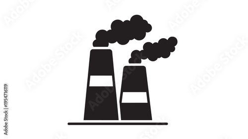 Power plant smokestacks releasing black smoke clouds in an industrial factory setting, symbol of pollution and energy production.