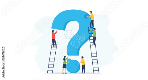 Team collaboration building a giant question mark symbol illustrating complex problem solving and inquiry process