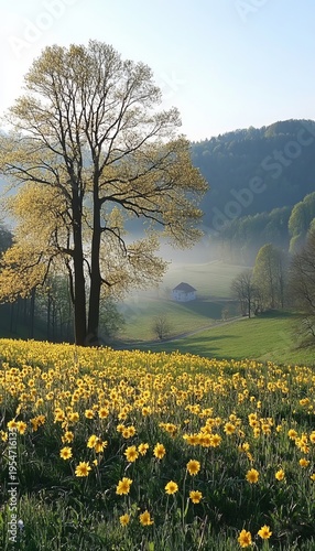 Breathtaking Spring Meadow Filled with Vibrant Yellow Flowers, Majestic Trees, and Soft Misty Hills