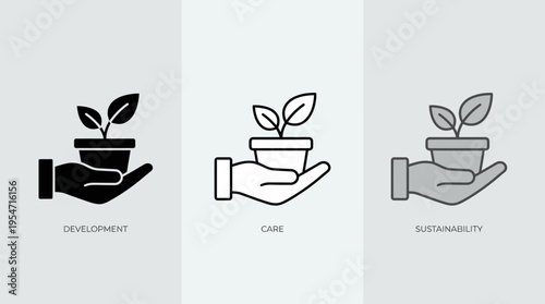 Minimalist hand with potted plant icons, solid, outline, grayscale styles, symbolizing development, care, sustainability, growth, ecological responsibility.